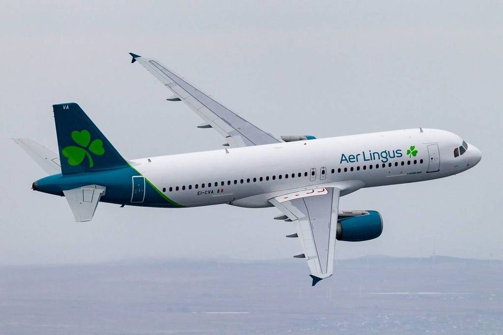 aer lingus aeroplane in air, the airline is launching a new route from manchester to north carolina via dublin