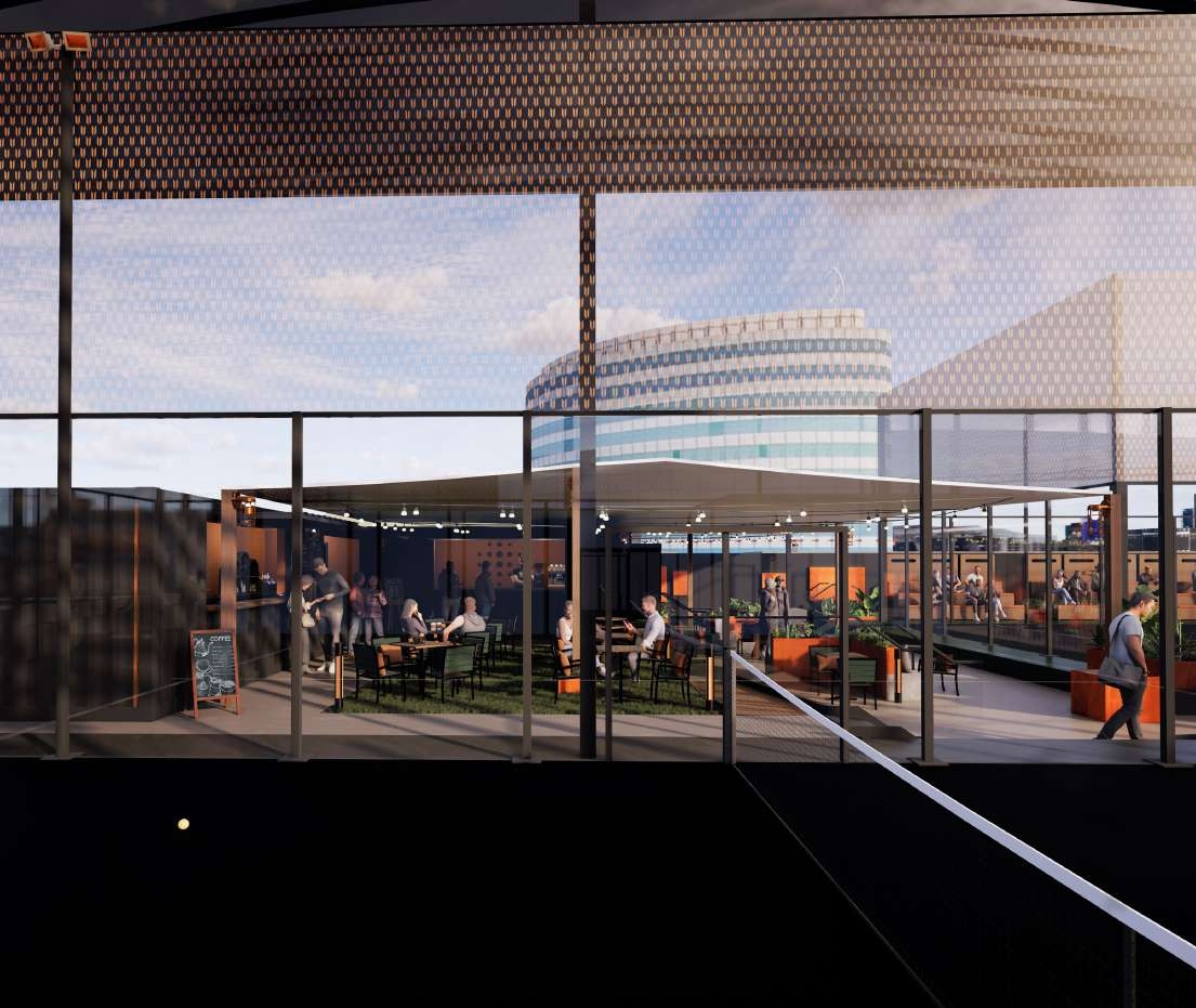 cgi of view of manchester and roof terrace at padel social club from court