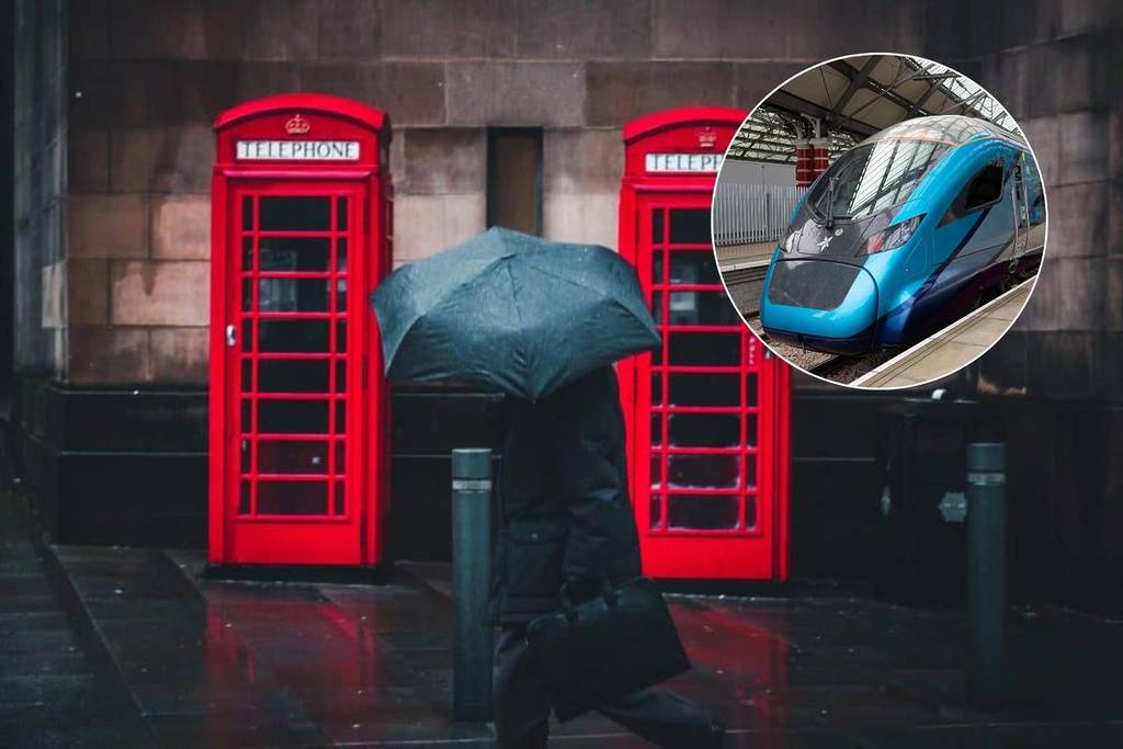 person walking through manchester past red telephone boxes with umbrella in hand, circle in top right corner with transpennine express nova train inside