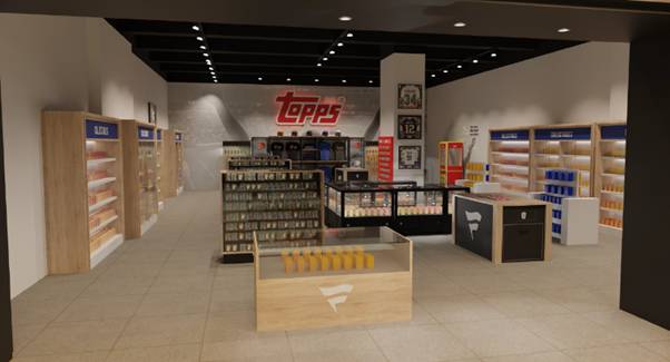 render of topps fanatics collectibles pop-up store in manchester arndale with shelves of trading cards