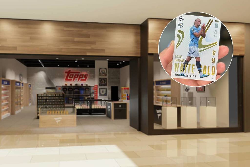 render of fanatics collectible store in manchester arndale with circle in corner with image of erling haaland match attax card