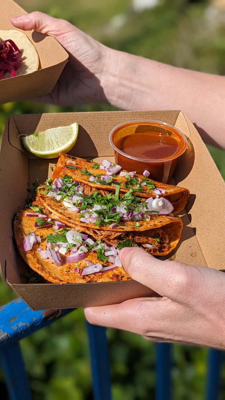 tacos with dip and lime wedge