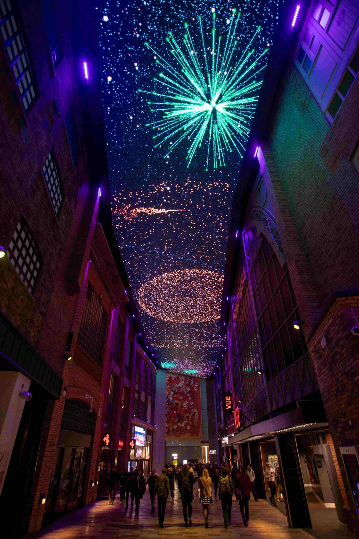 firework explosions on digital ceiling at manchester printworks