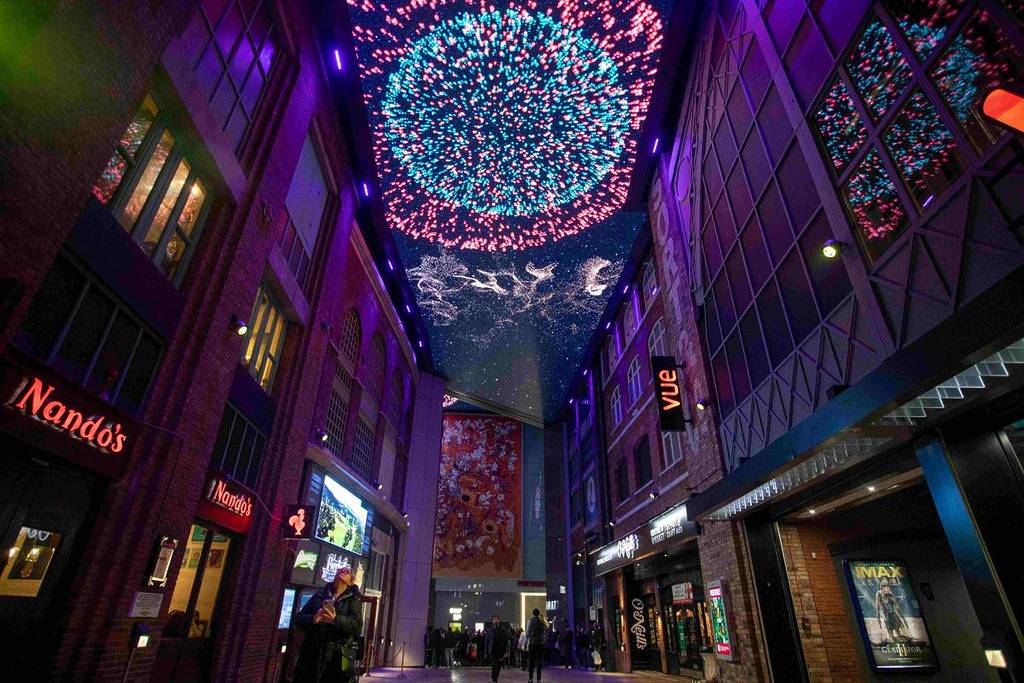 fireworks display on digital ceiling at manchester printworks