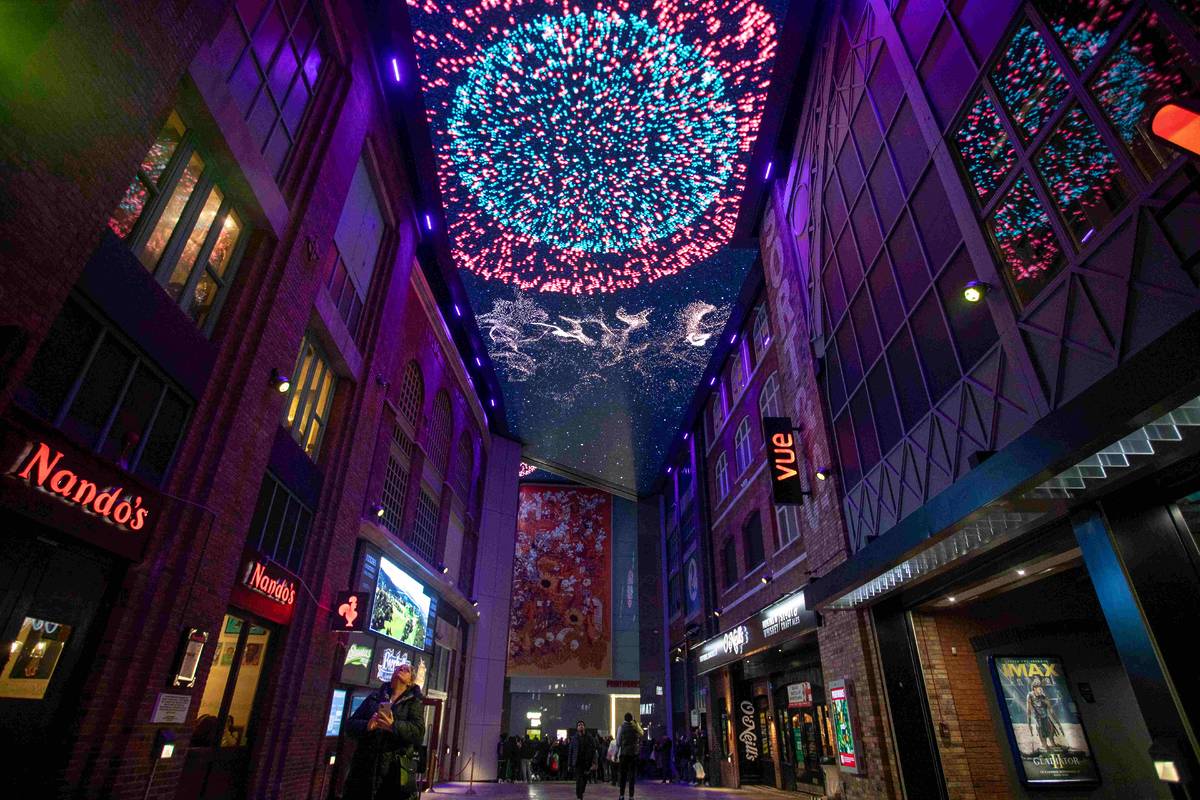 fireworks display on digital ceiling at manchester printworks