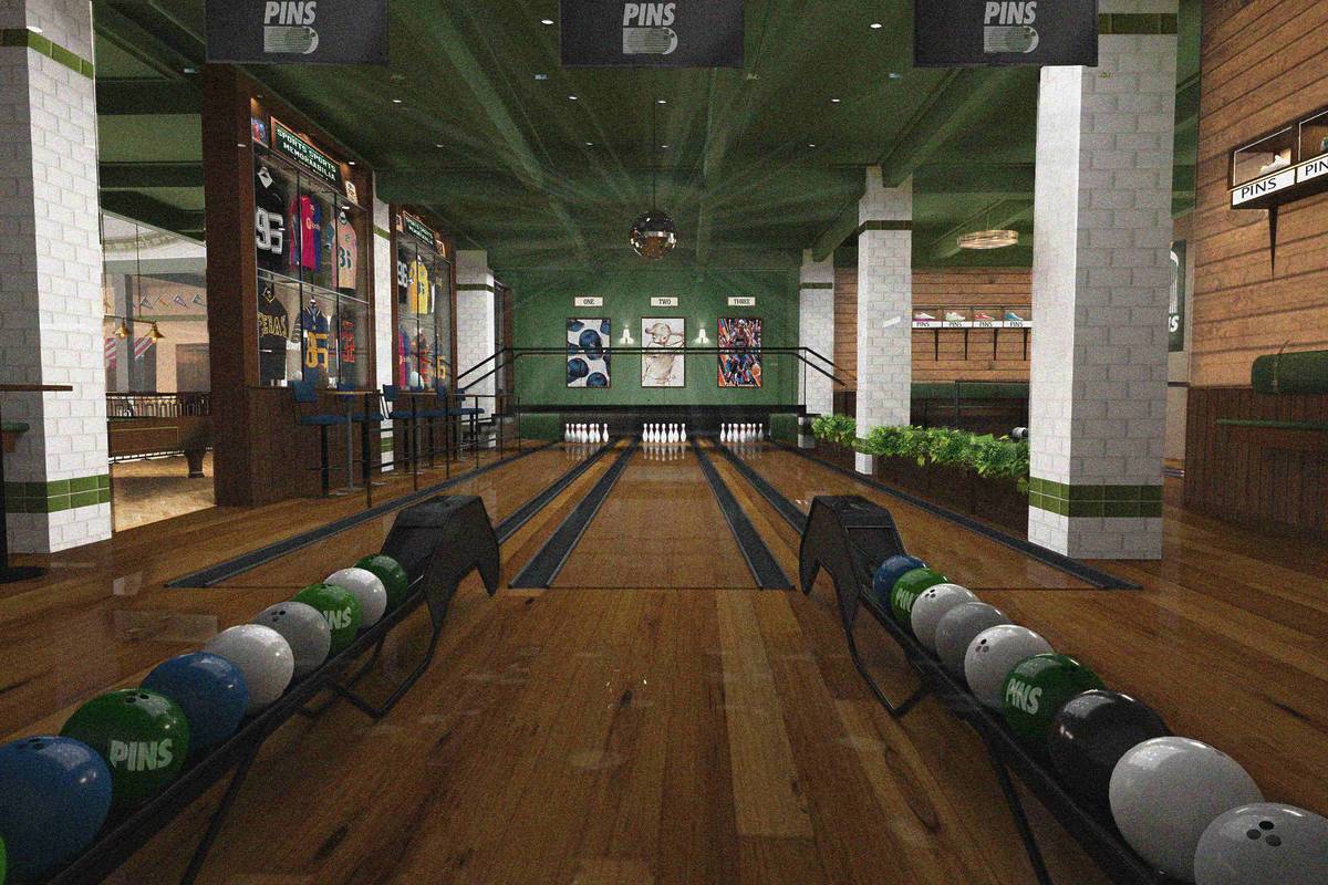 render of bowling area with private lanes at pins social club manchester