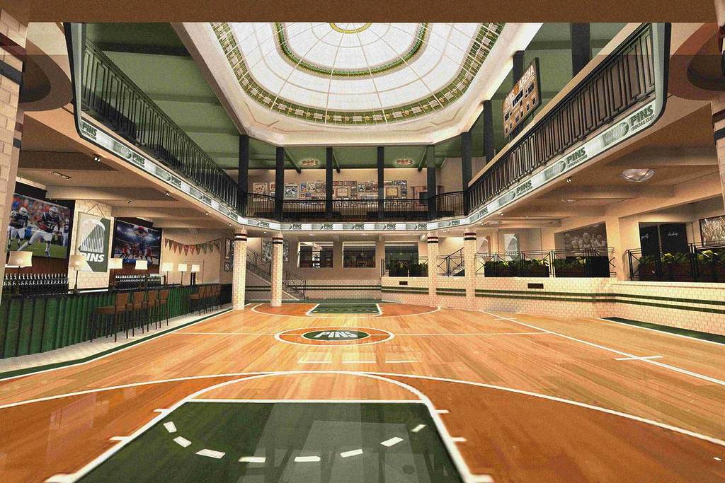 basement court bar with view of dome at pins social club in sunlight house, manchester