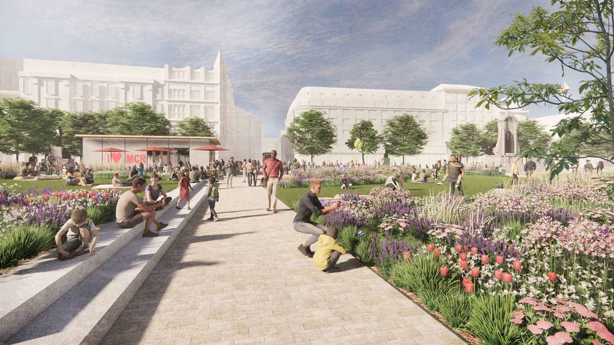 view from within Piccadilly Gardens toward the improved area of the existing fountain plaza, with Oldham Street in the background.