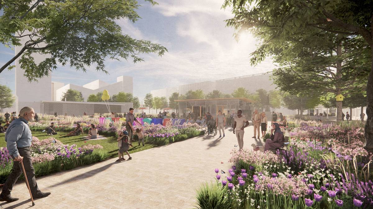 a viewpoint on the west side of the Queen Victoria fountain, looking towards the existing fountain area. It illustrates the impact of removing the existing raised stone planter walls which line that edge of the gardens.