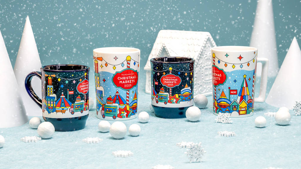 row of four mugs with design for this year's manchester christmas markets