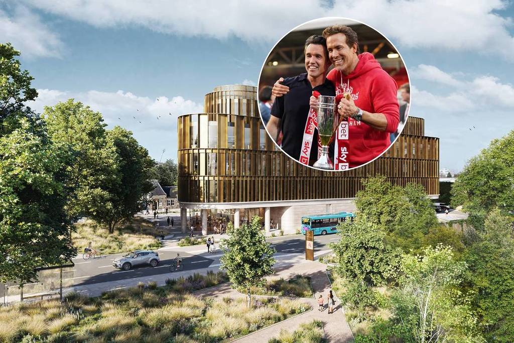 cgi of wrexham masterplan featuring wrexham lager brewery with ryan reynolds and rob mac in circle in top right corner