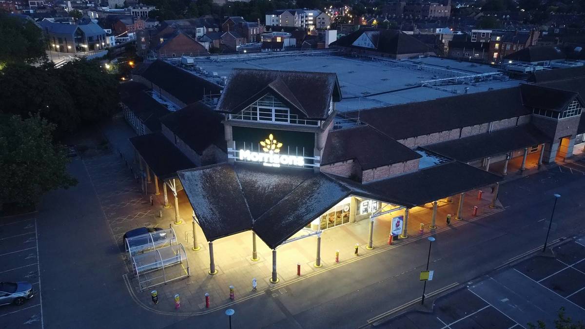 view of morrisons supermarket from above at night in somerset