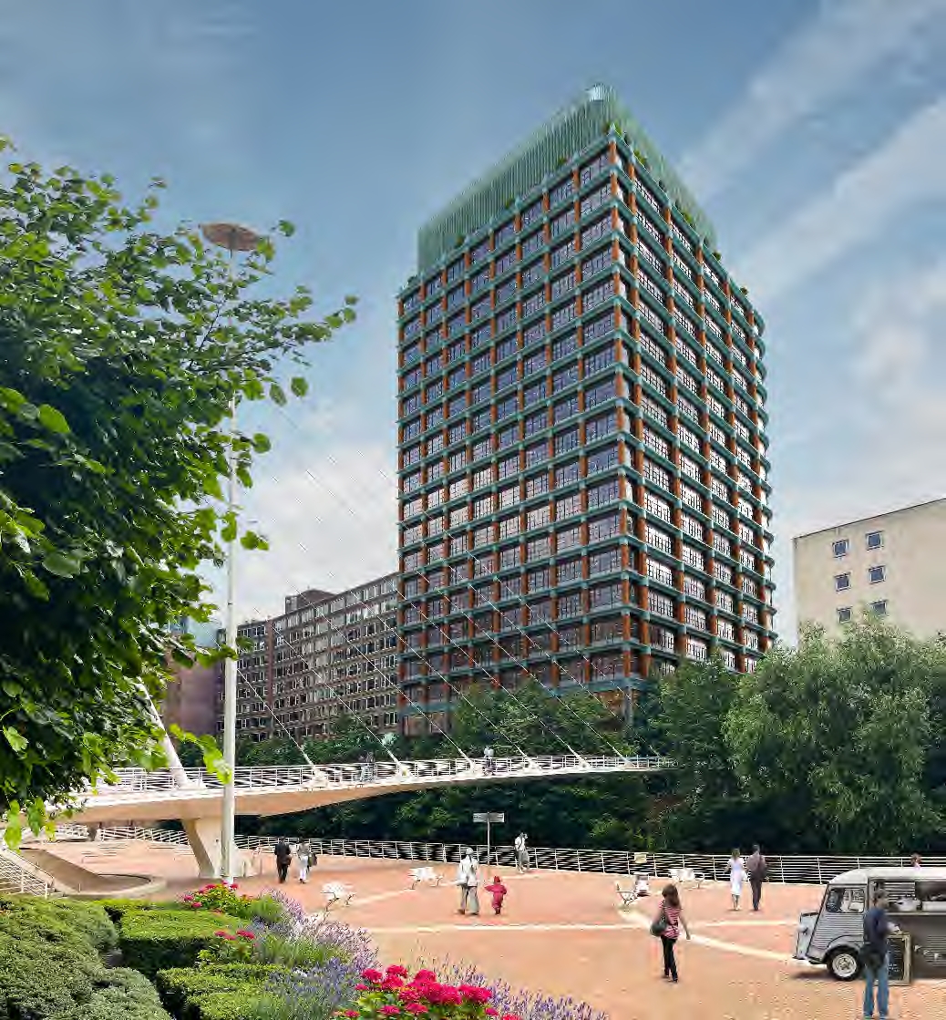 cgi of alberton house on st marys parsonage, manchester with view from river irwell