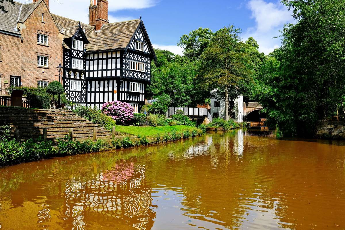 Historic village of Worsley with tudor style homes by the Bridgewater Canal