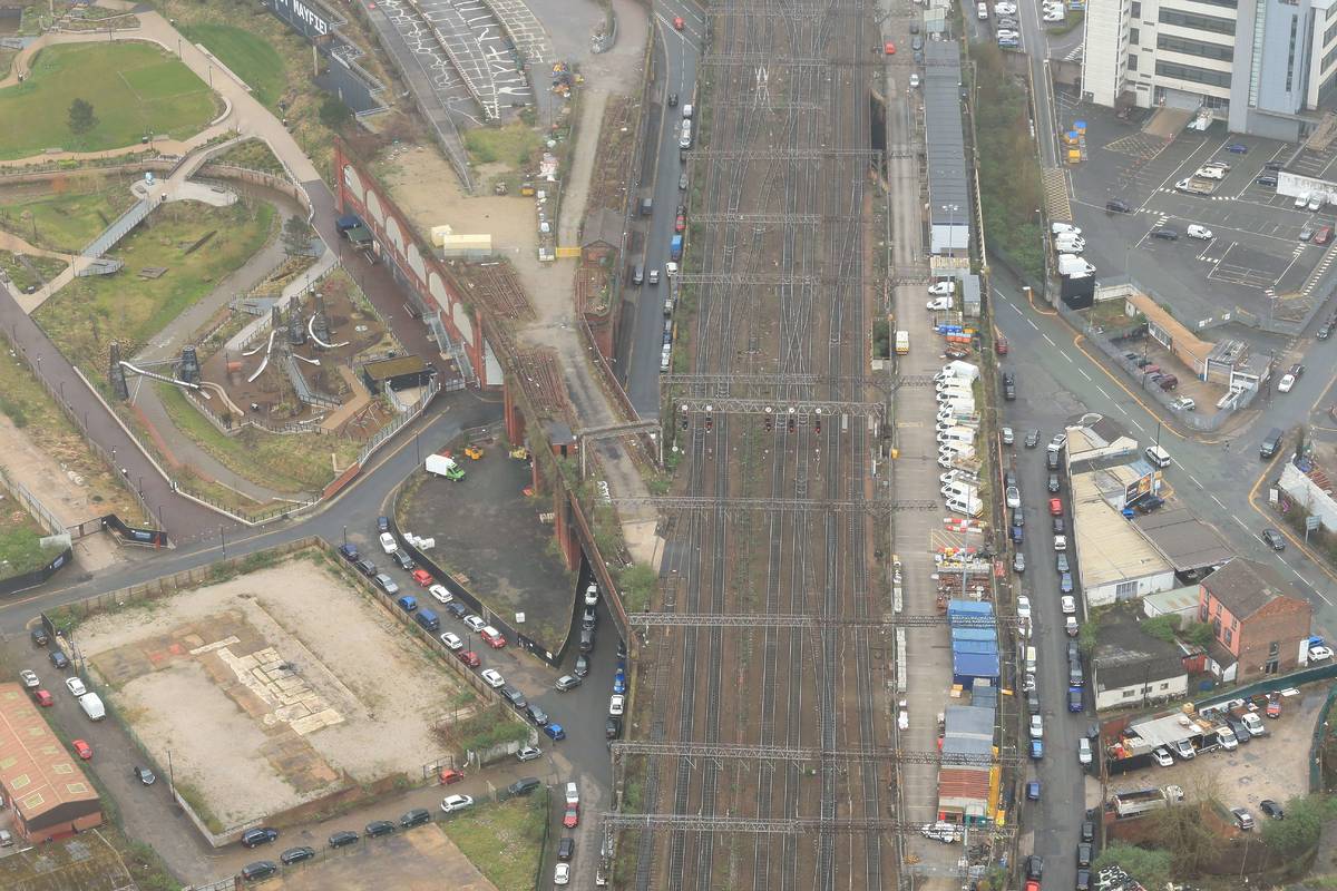drone shot of arwick track corridor in manchester