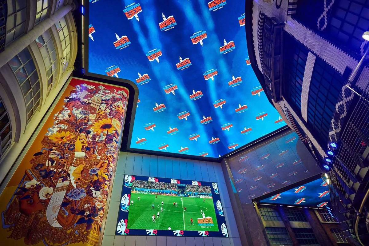 manchester printworks digital ceiling with euro 2028 logo