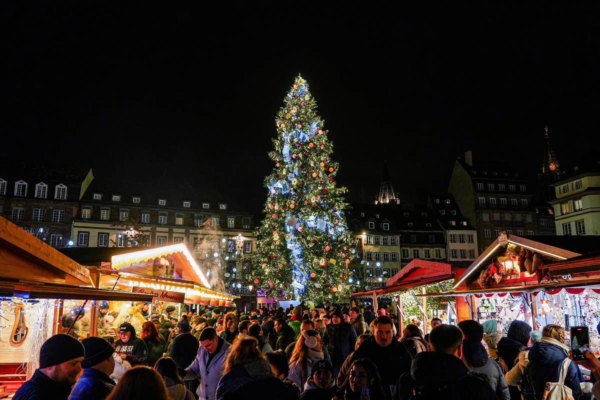 Christmas tree and xmas market at Kleber Square in Strasbourg , France