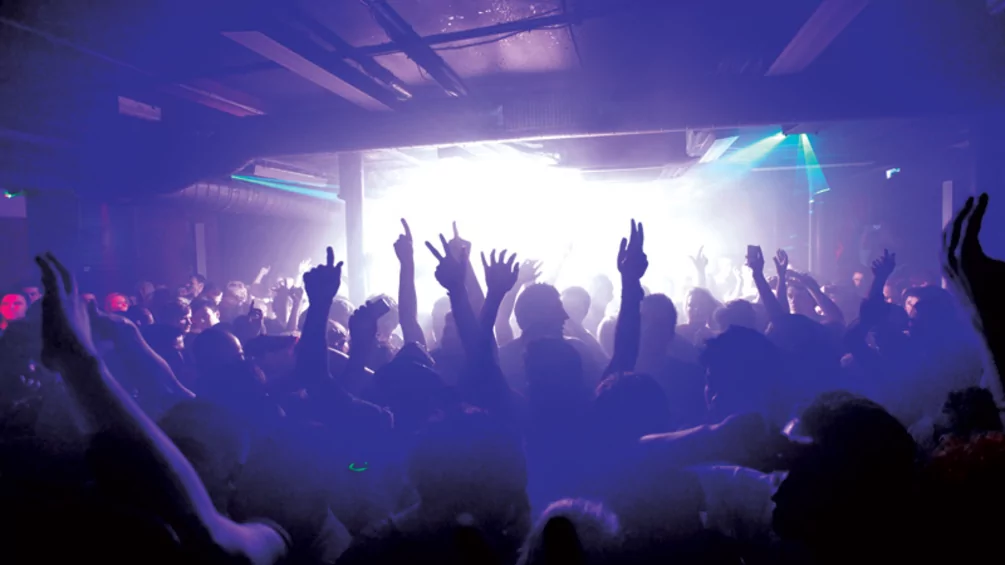people waving arms in air in club with purple light