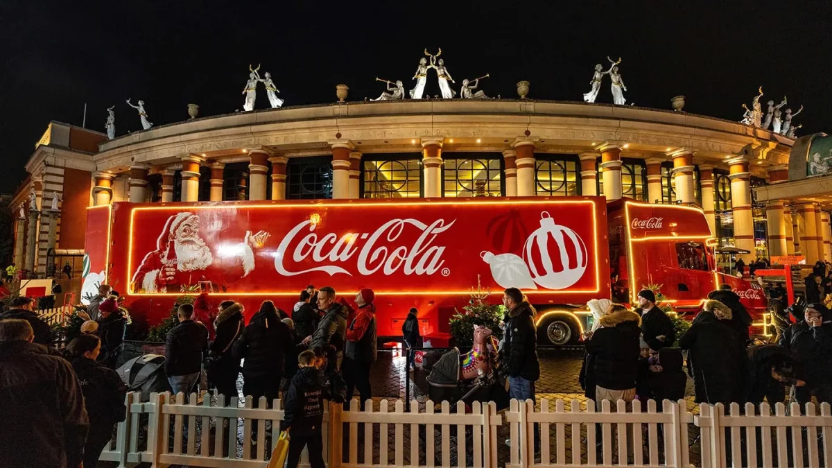 coca-cola christmas truck outside trafford centre
