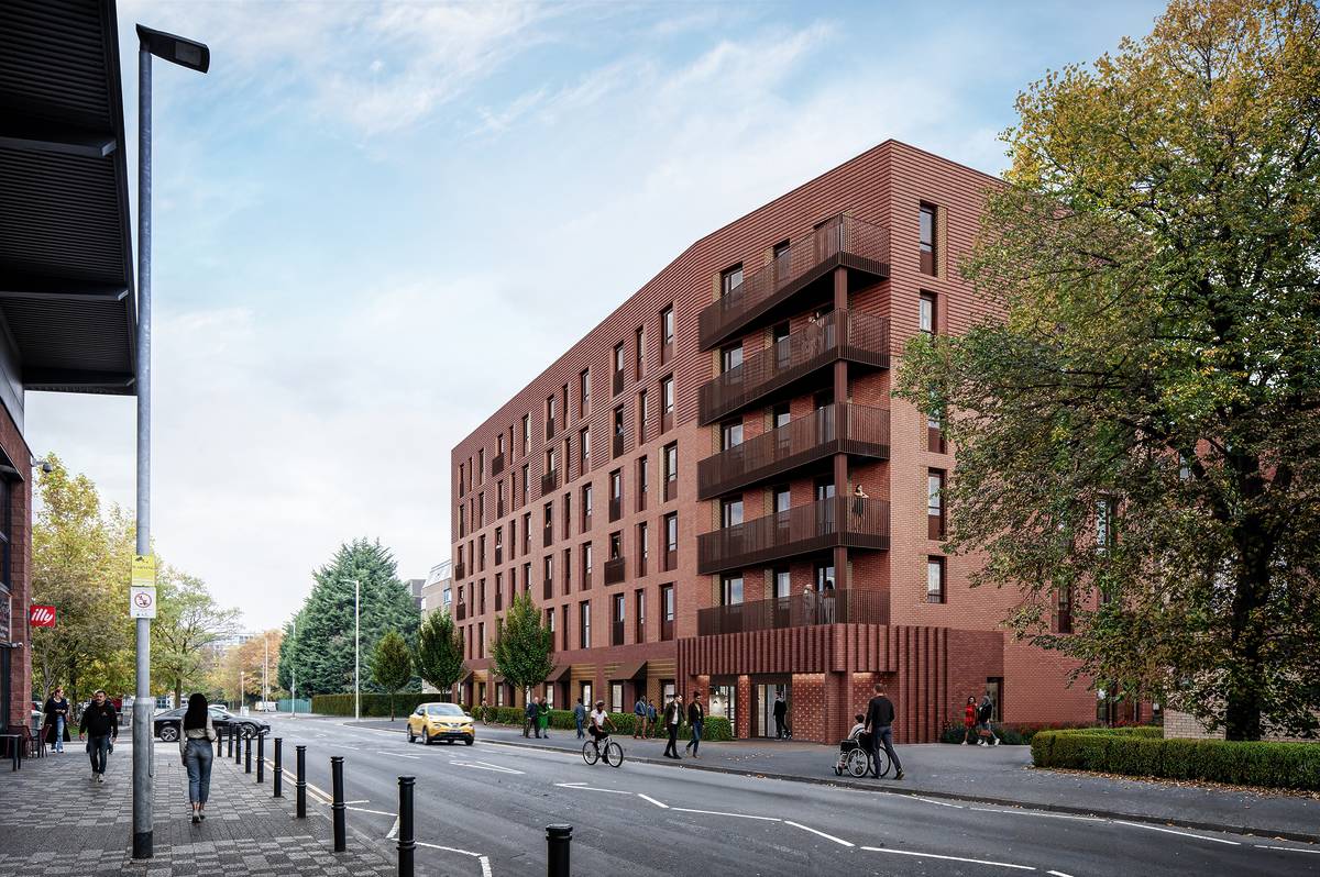 CGI of Alpha House transformed into red brick apartments