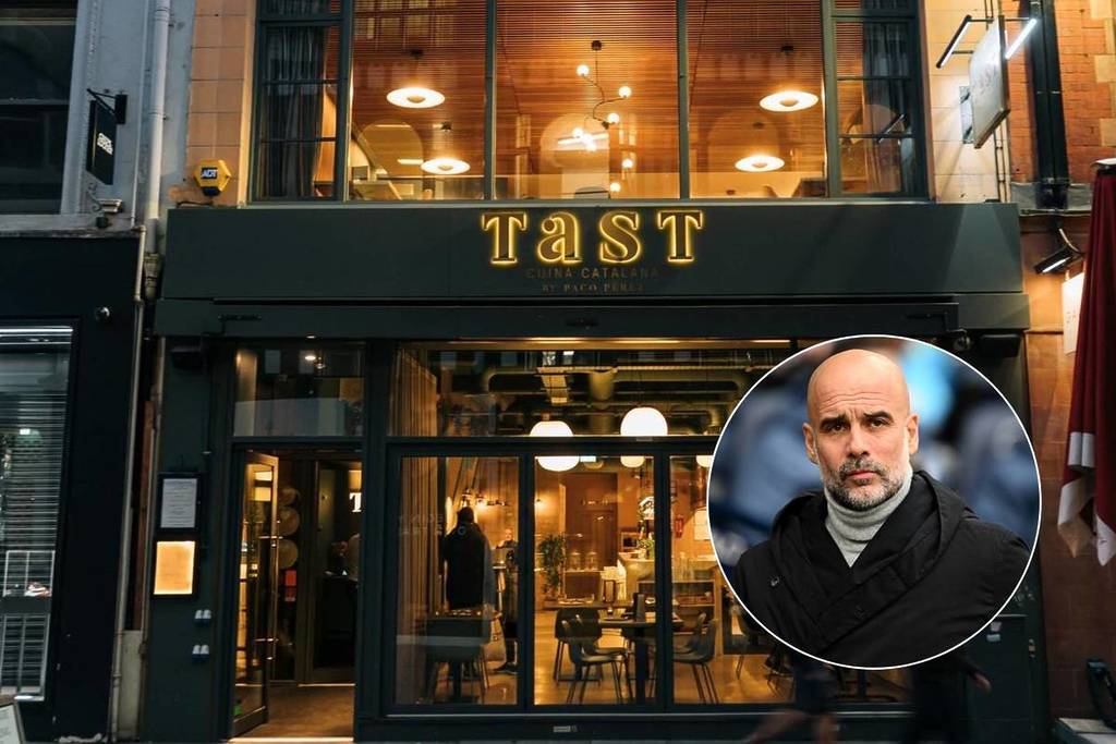 outside tast restaurant in manchester at night with circle in right hand corner with pep guardiola
