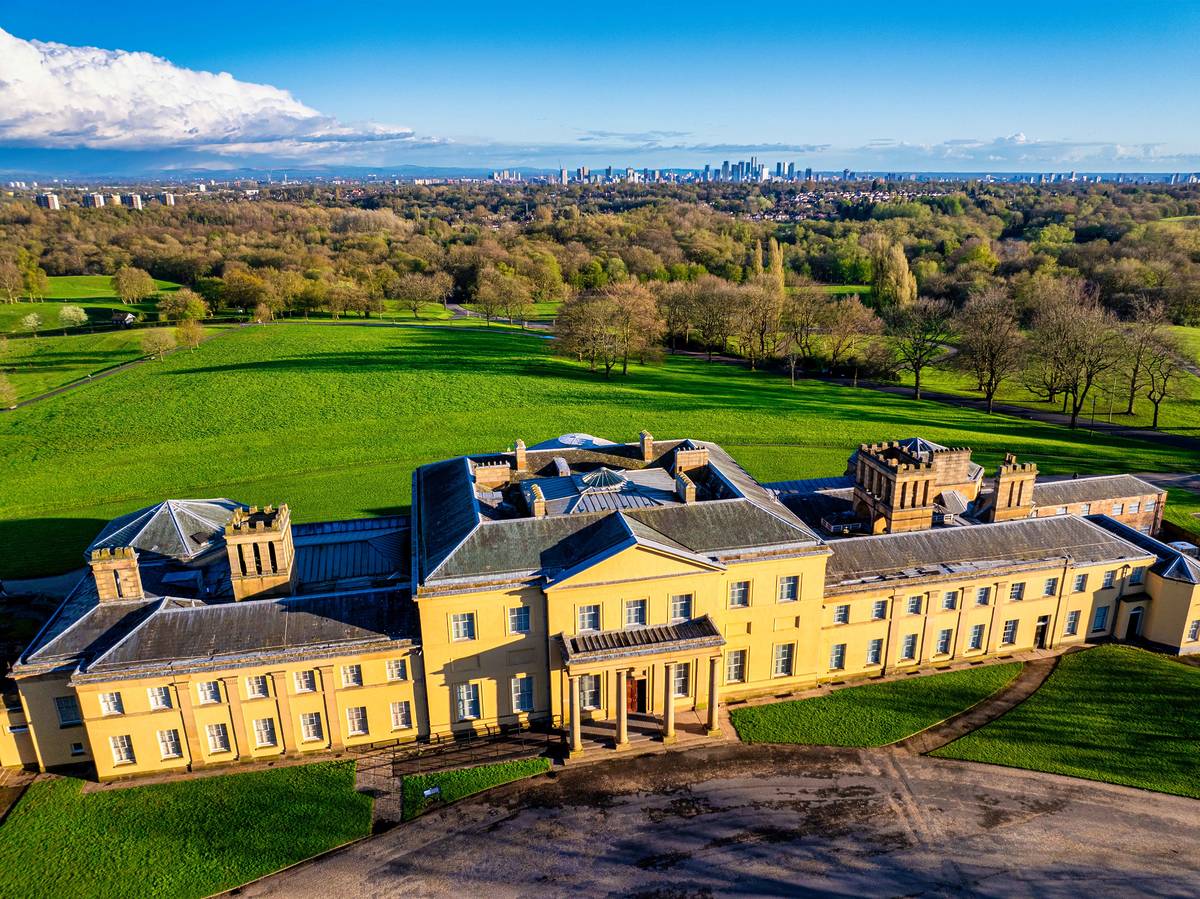 heaton park hall from above manchester city centre in background