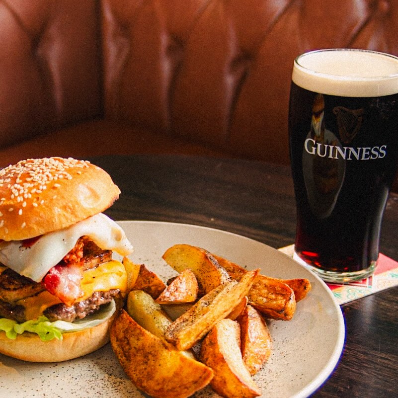 burger, chips and a pint of Guinness at O'Malleys