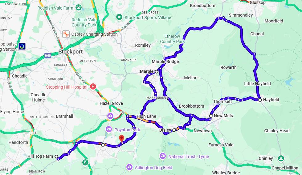 map of tractor run 2025 through greater manchester, derbyshire and cheshire