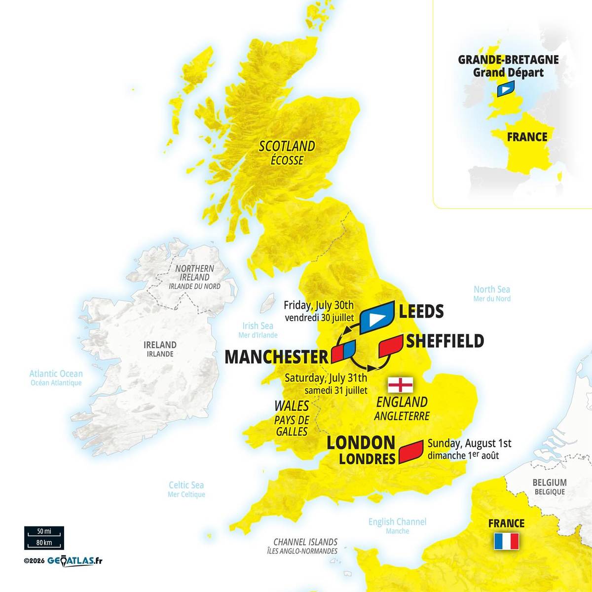 map of tour de femme france 2027 route in the uk featuring manchester