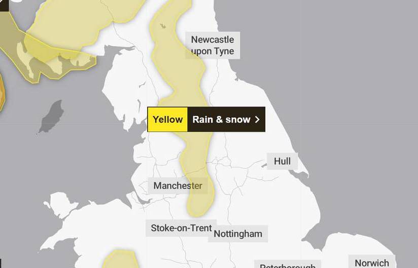 met office yellow weather warning rain snow manchester