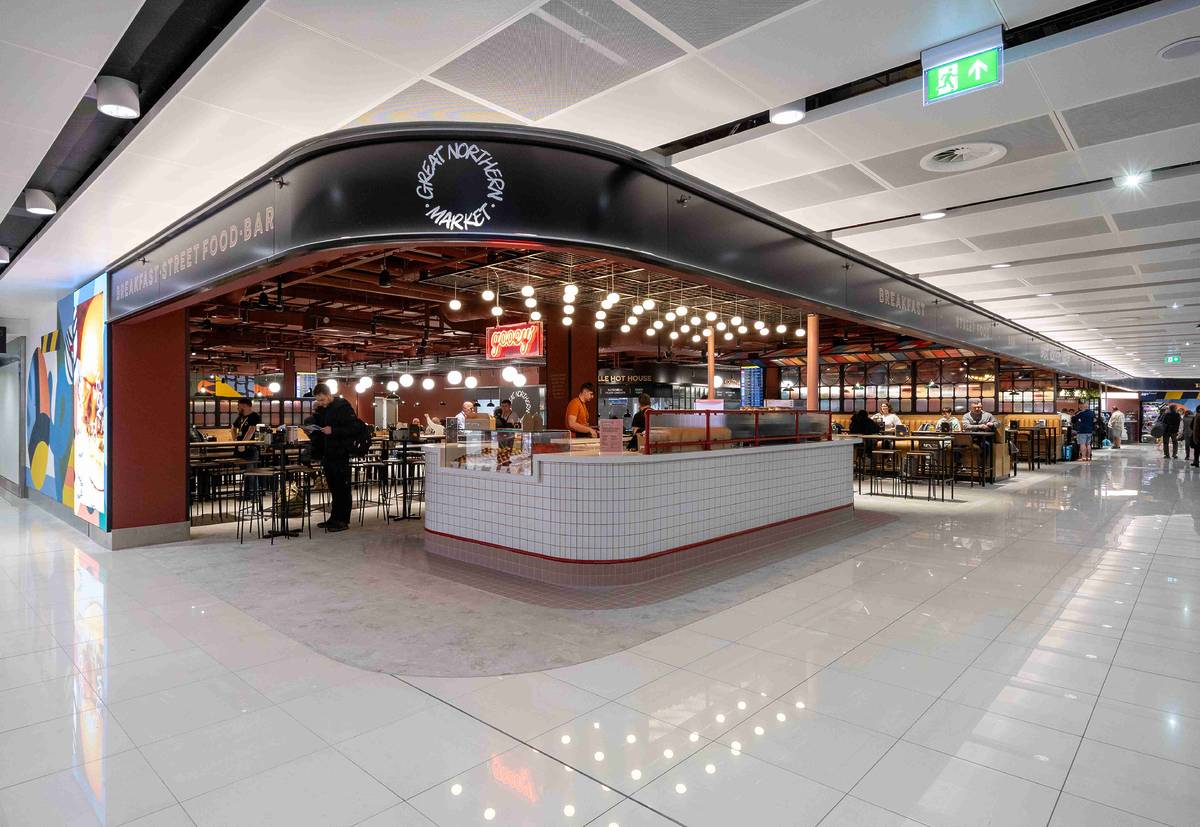 entrance to food hall at manchester airport terminal 2, great northern market