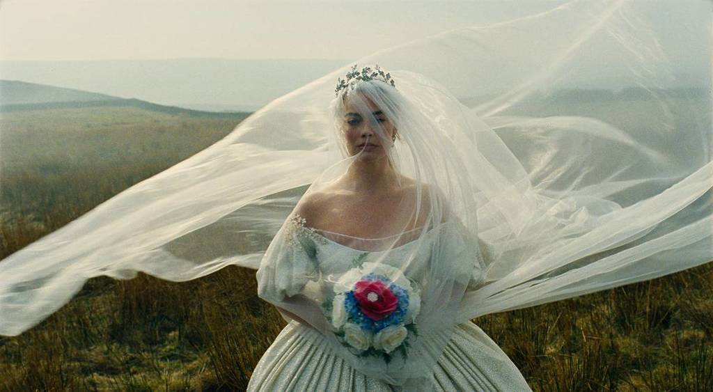 margot robbie wuthering heights wedding dress on moors filming locations