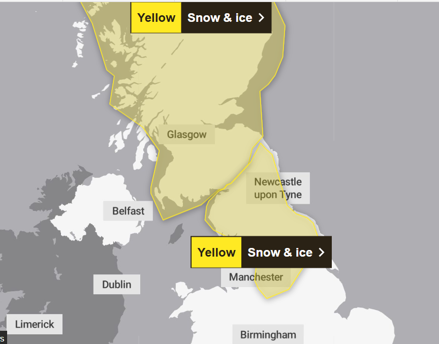 met office yellow weather warning snow ice manchester
