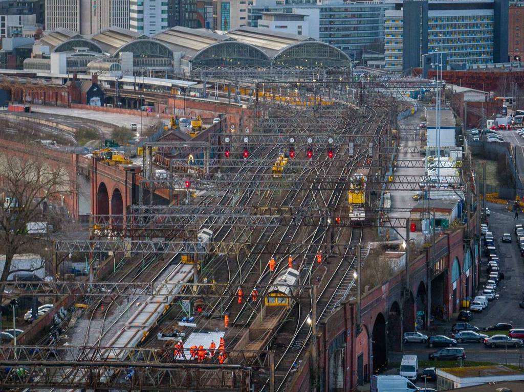 Aerial shot during Manchester Piccadilly track upgrades Feb 2026