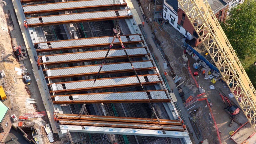 Aerial shot of new beams in position on new Greek Street bridge August 2025
