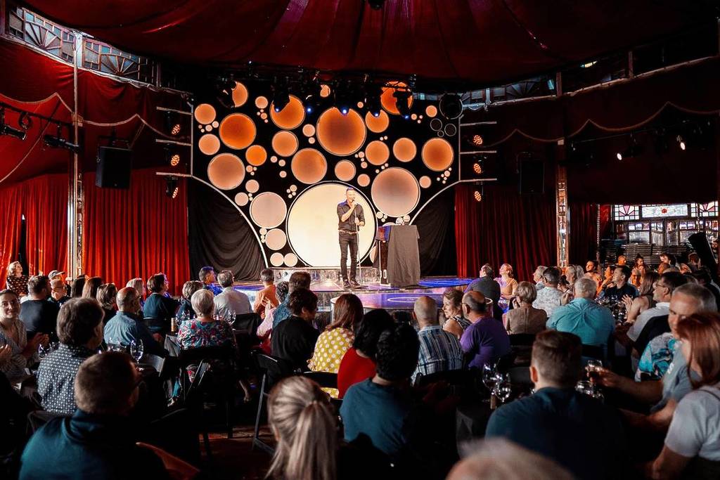 man performs on stage as comedian as part of the show as idiots guide to wine