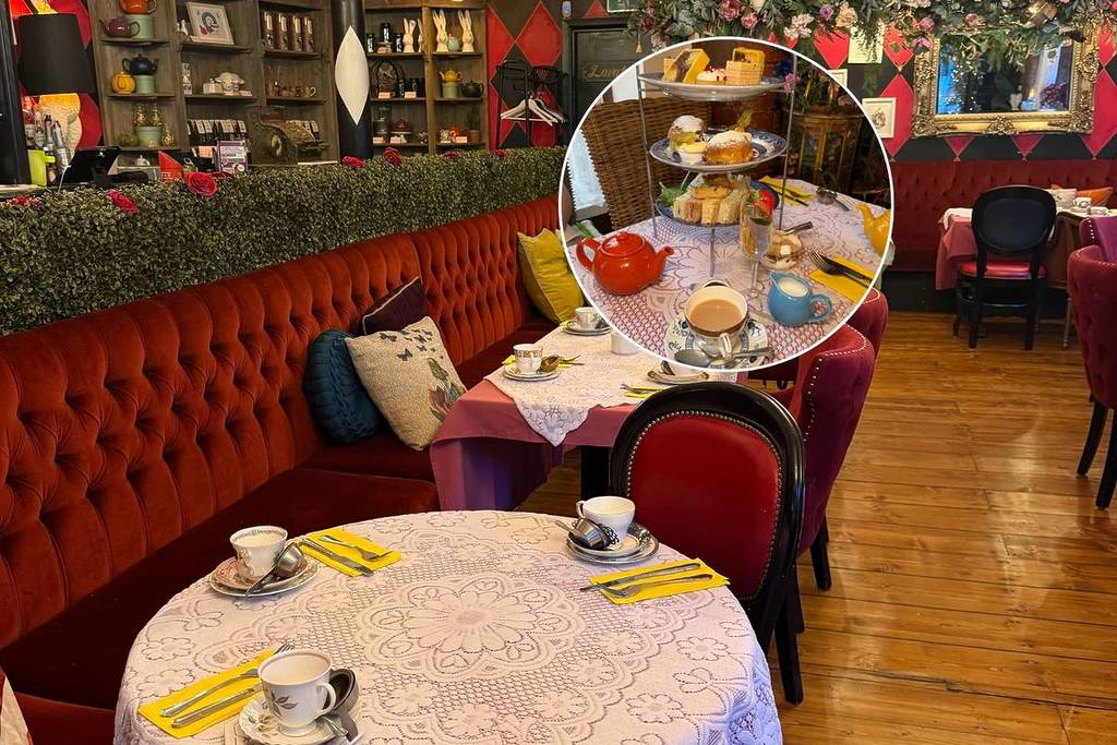 inside richmond tea rooms in manchester with afternoon tea tiers in circle
