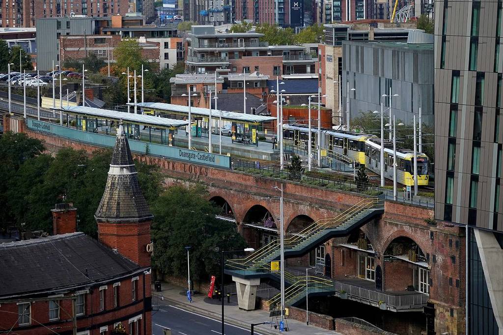 manchester deansgate castlefield tram stop from above trafford centre to crumpsall extension