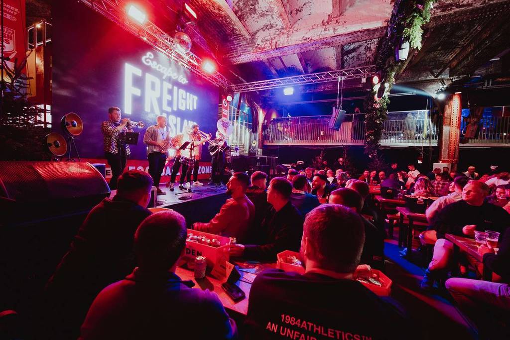 performers on stage at freight island manchester for 4thefans world cup fan park