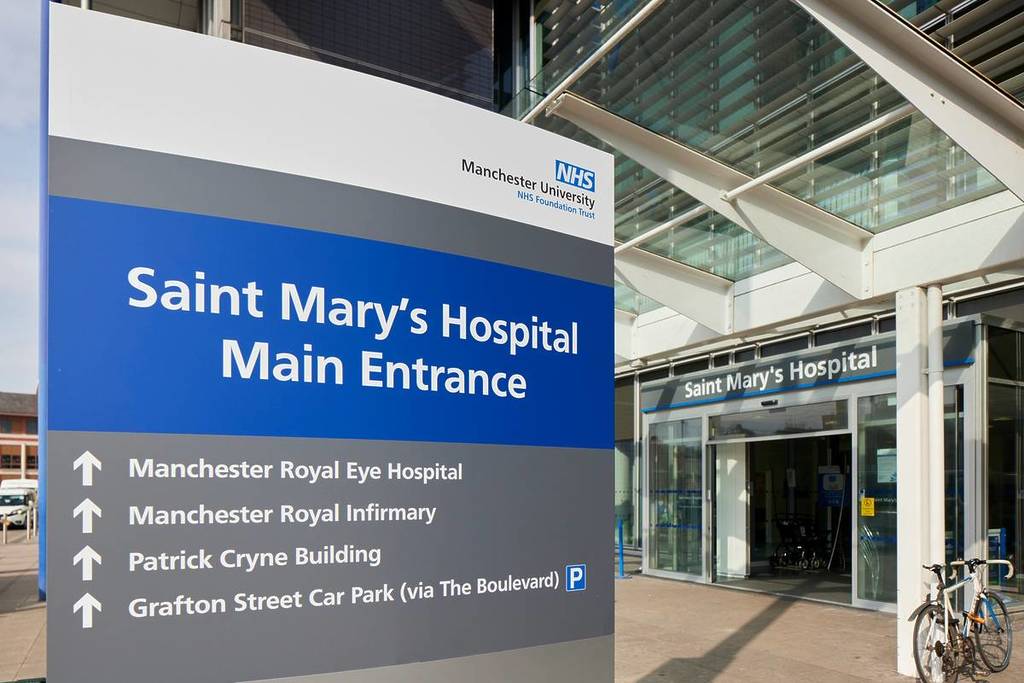 sign outside main entrance at st mary's hospital in manchester