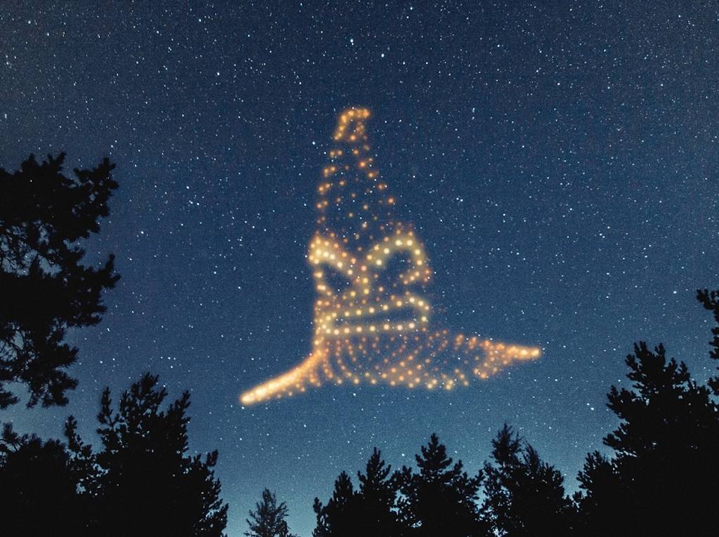 luminescent drones create an image of the sorting hat from Harry Potter in a starry night sky above trees