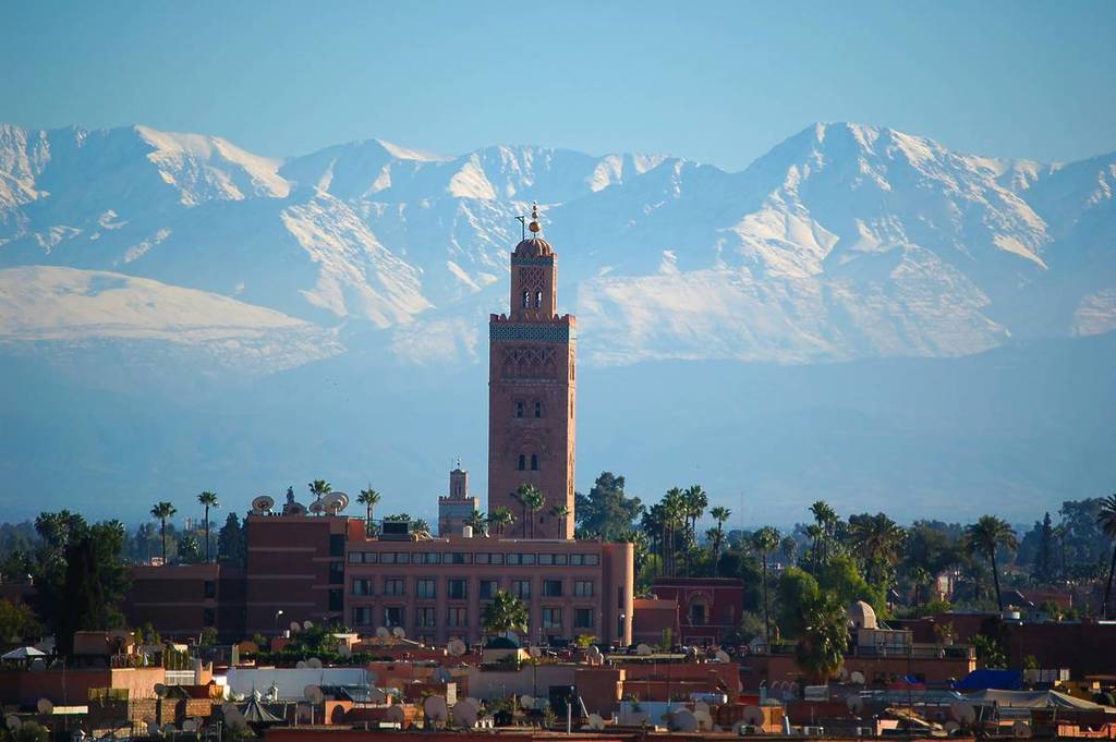 marakech morocco building with mountains behind