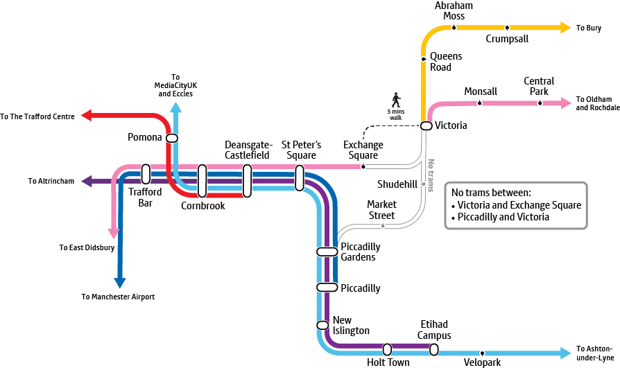 temporary metrolink tram map victoria manchester no trams bank holiday