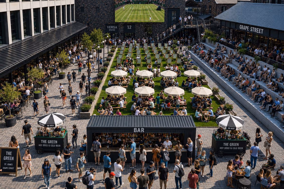 A brand new community square has opened in Manchester with a bar, open-air cinema and Wimbledon screenings &amp; wellness sessions on the lawn