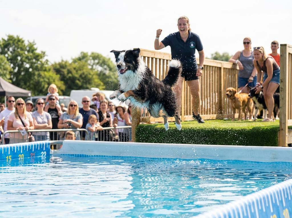 dog diving collie jumping in pool dogfest