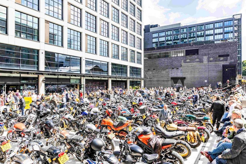 rows of motorcycles in square of st john's in manchester