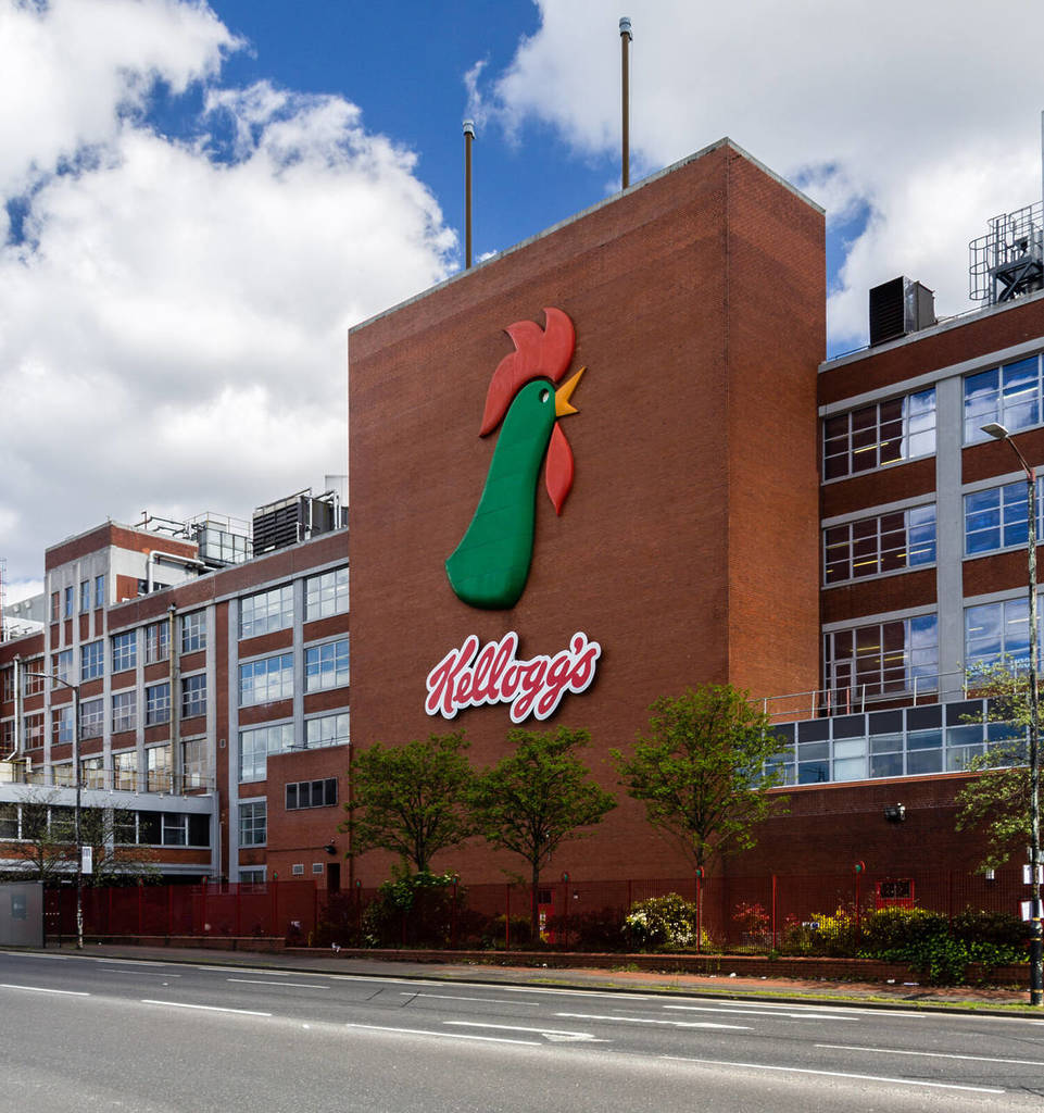outside kelloggs factory at trafford park with logo
