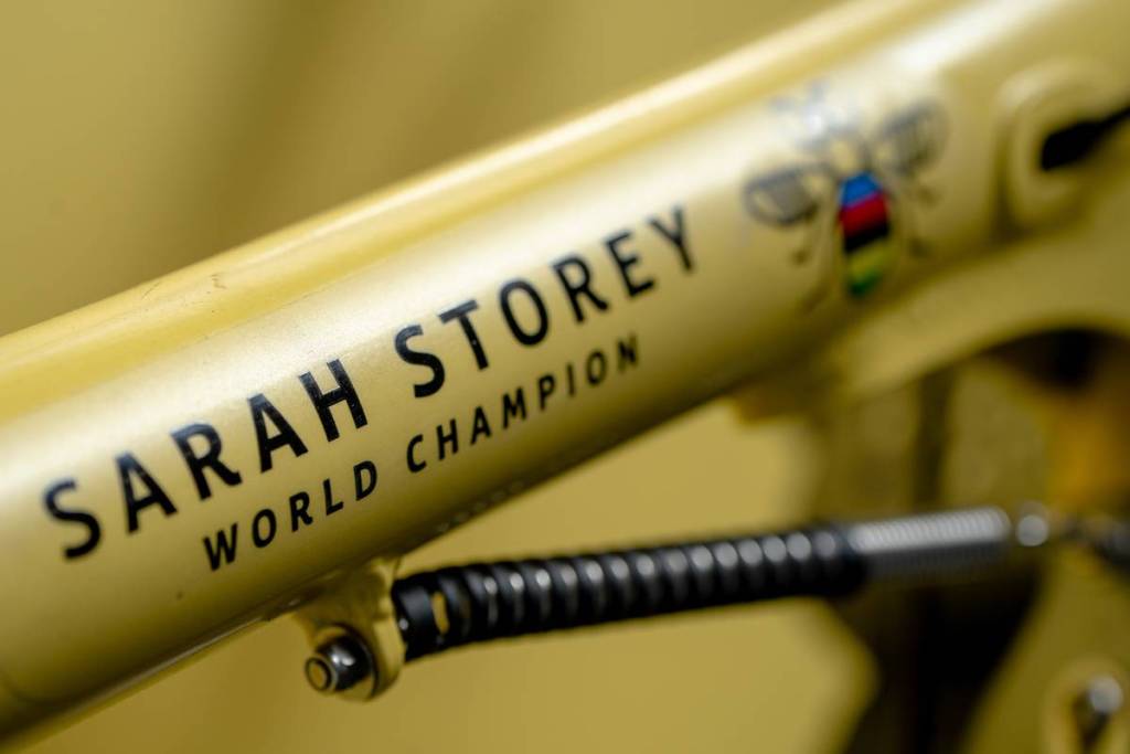 bike handle saying sarah storey world champion