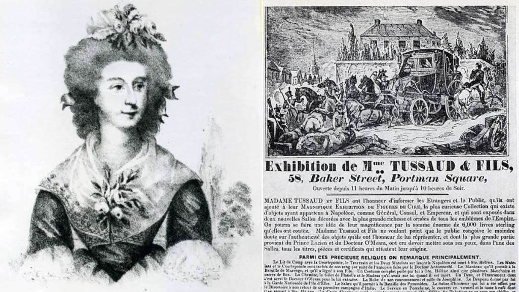 a split image, on the left an old illustration of Marie Tussauds and on the right