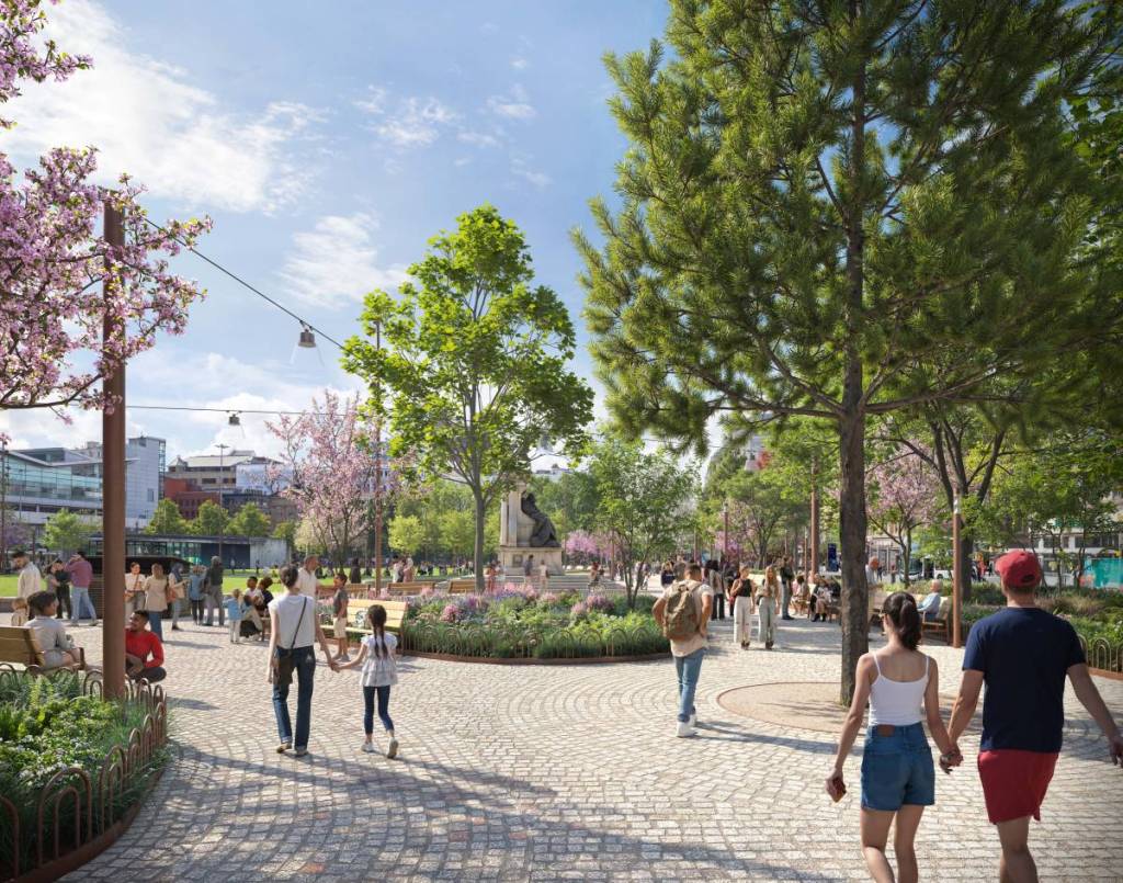 cgi of view from lever street of piccadilly gardens in manchester